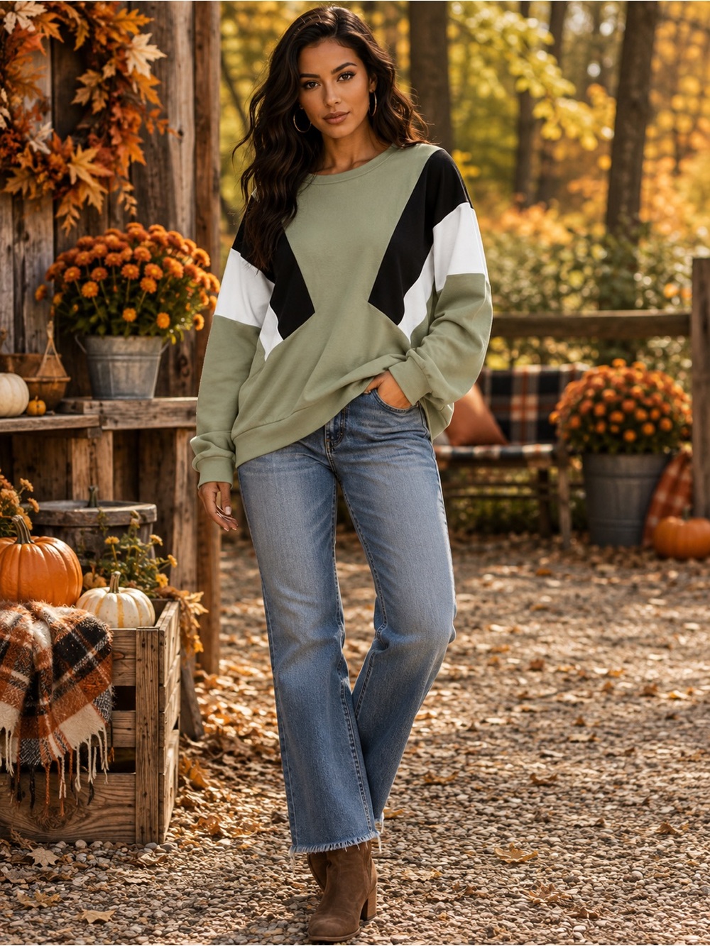 B750. Stylish Colorblock Crewneck Sweatshirt